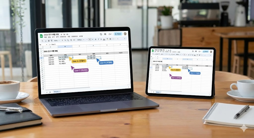 구글 스프레드시트 실시간 협업 화면, 동시 편집 기능